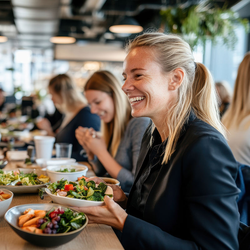 Lunchgjester spiser frukt og grønt